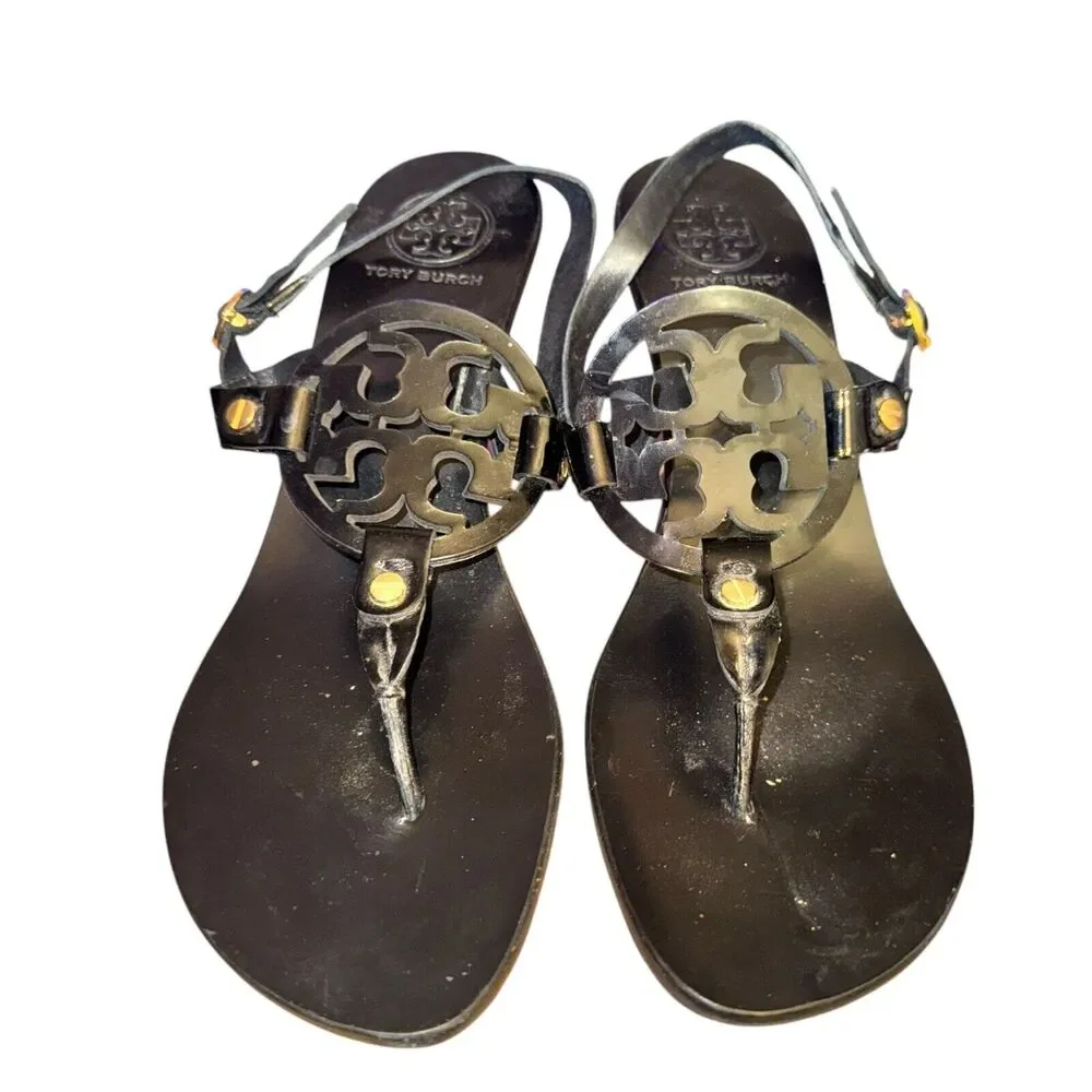Tory Burch Holly Sandals Women's Size 7.5 M Black Patent Leather Slingback